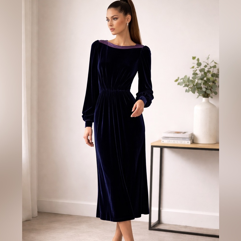 Albert Nipon Velvet Long-Sleeve Midi Dress